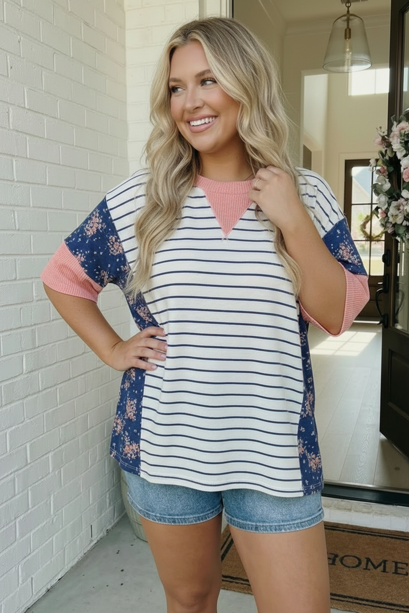 Stripe and Floral Mixed Media Oversized Top - Charming Charlie