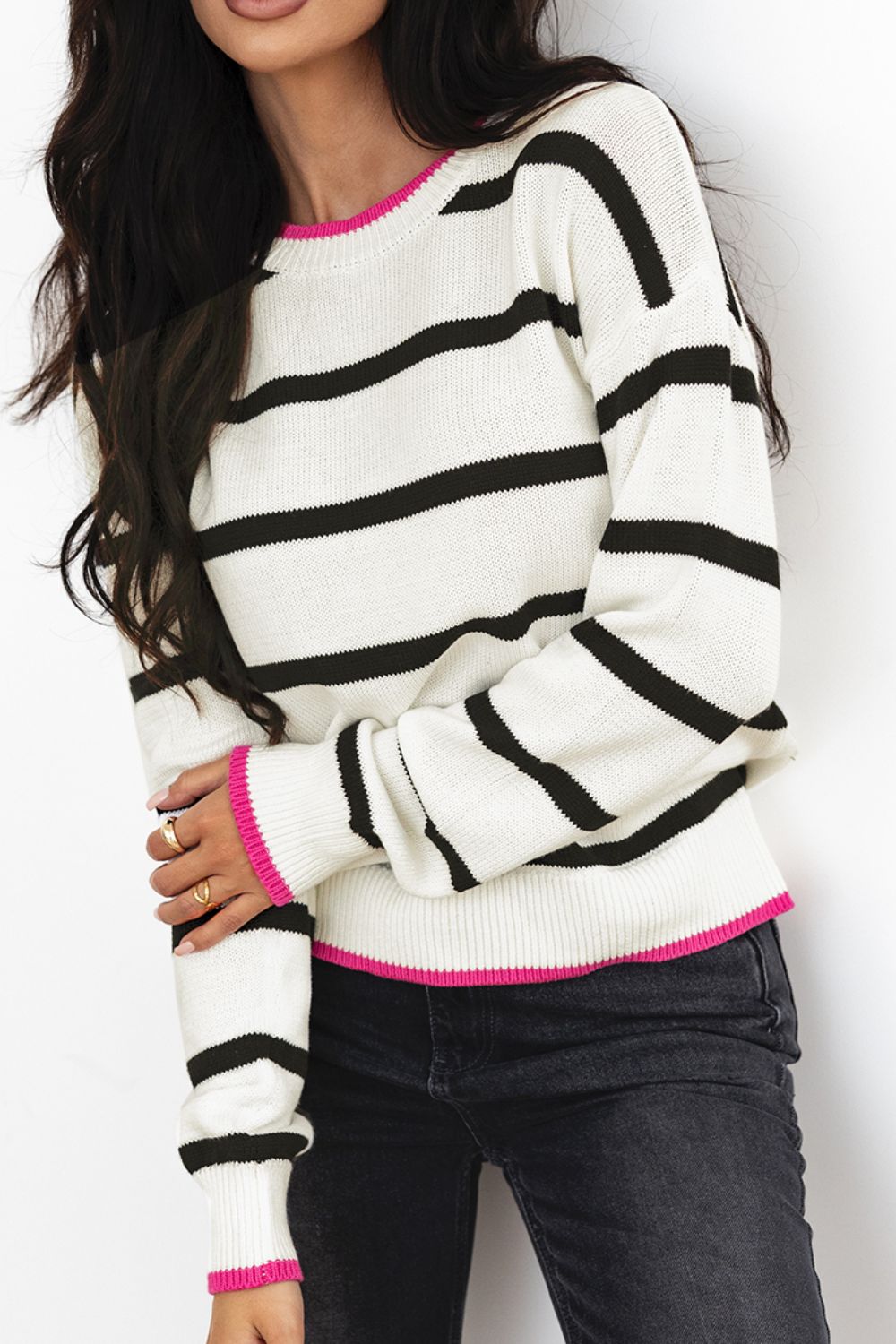 Striped Round Neck Drop Shoulder Sweater - Charming Charlie