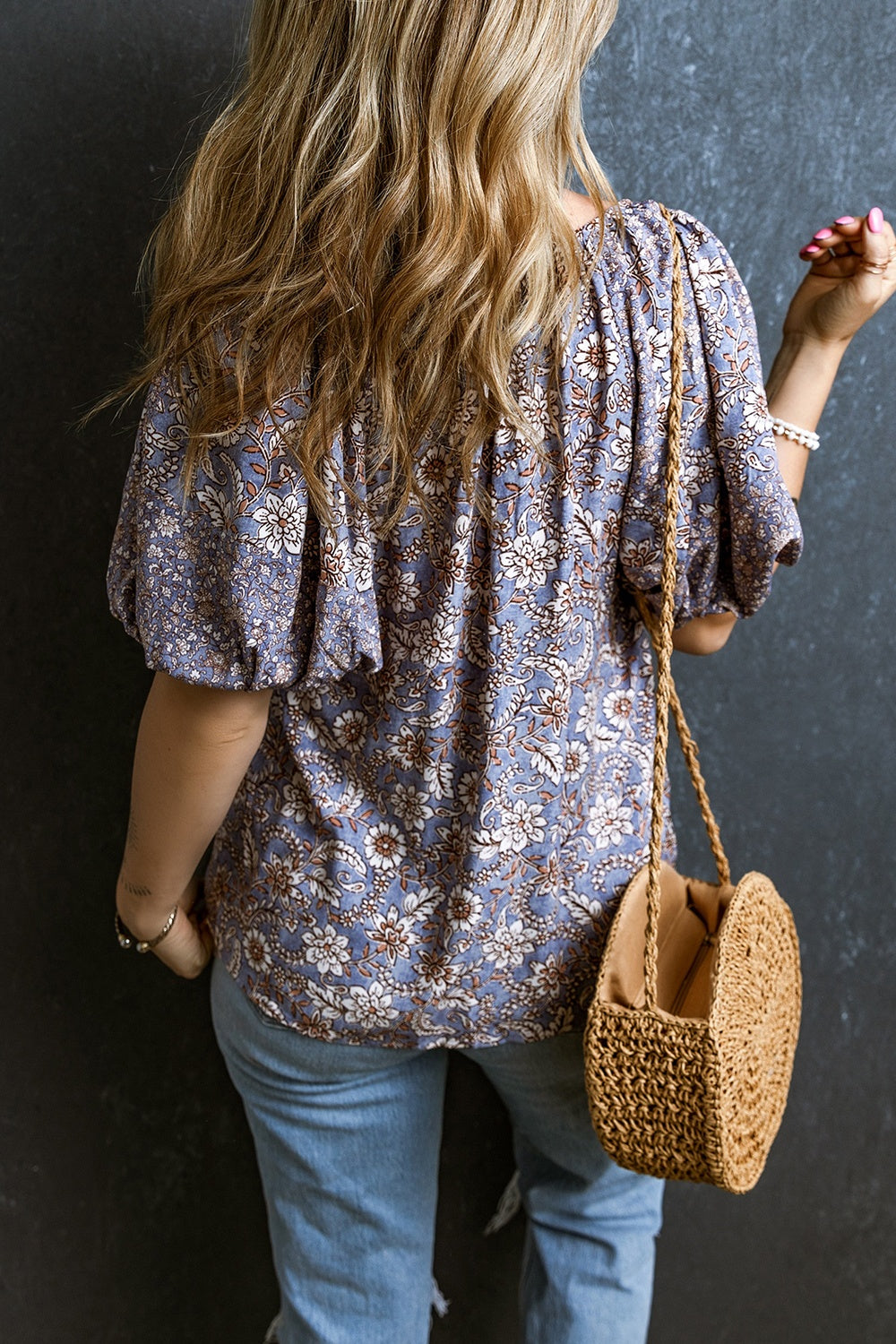 Printed Tie Neck Half Sleeve Blouse - Charming Charlie