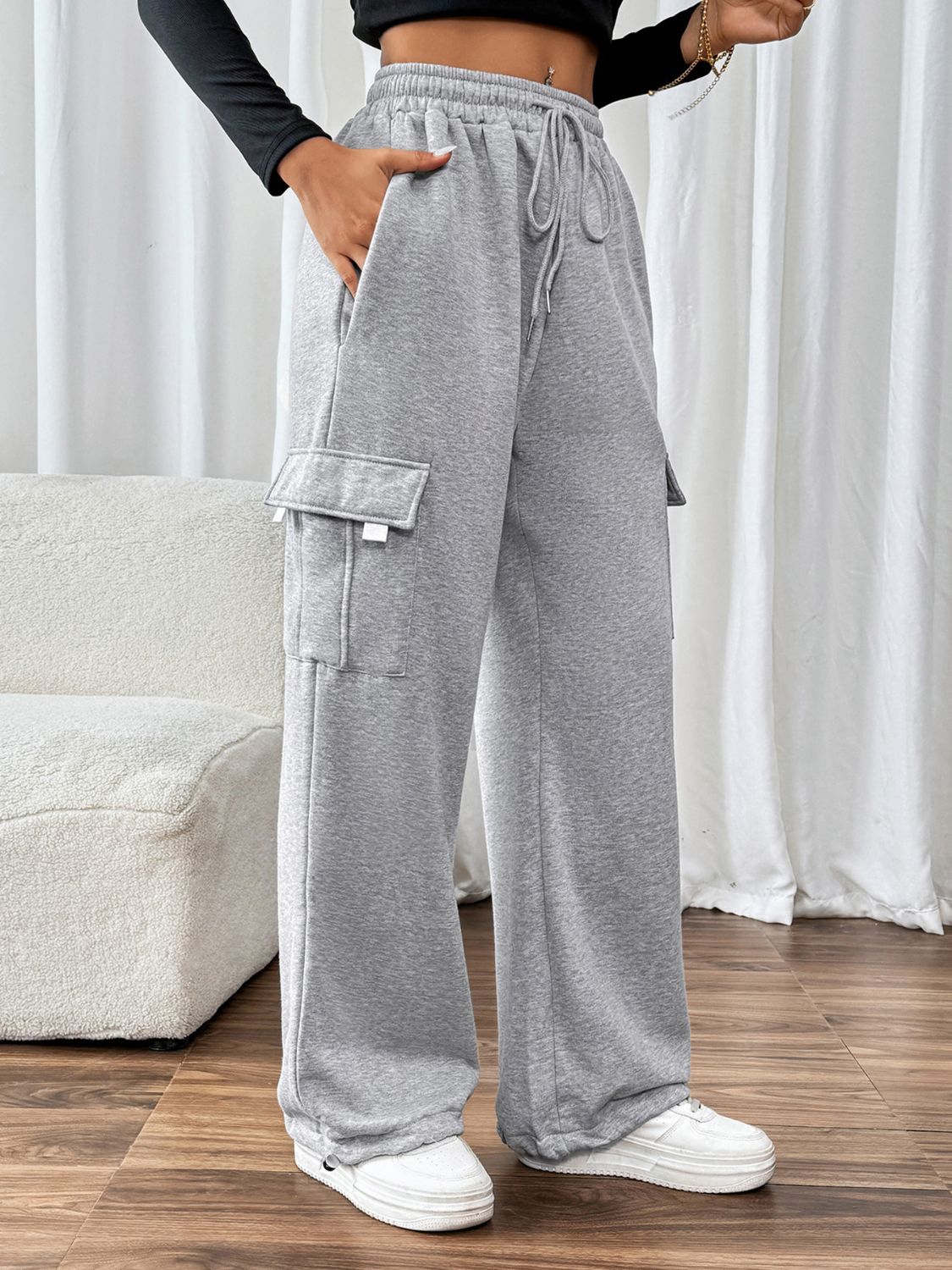Perfee Drawstring Elastic Waist Joggers with Pockets - Charming Charlie