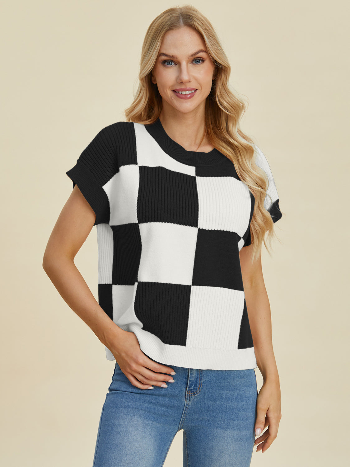 Double Take Full Size Checkered Round Neck Short Sleeve Sweater - Charming Charlie