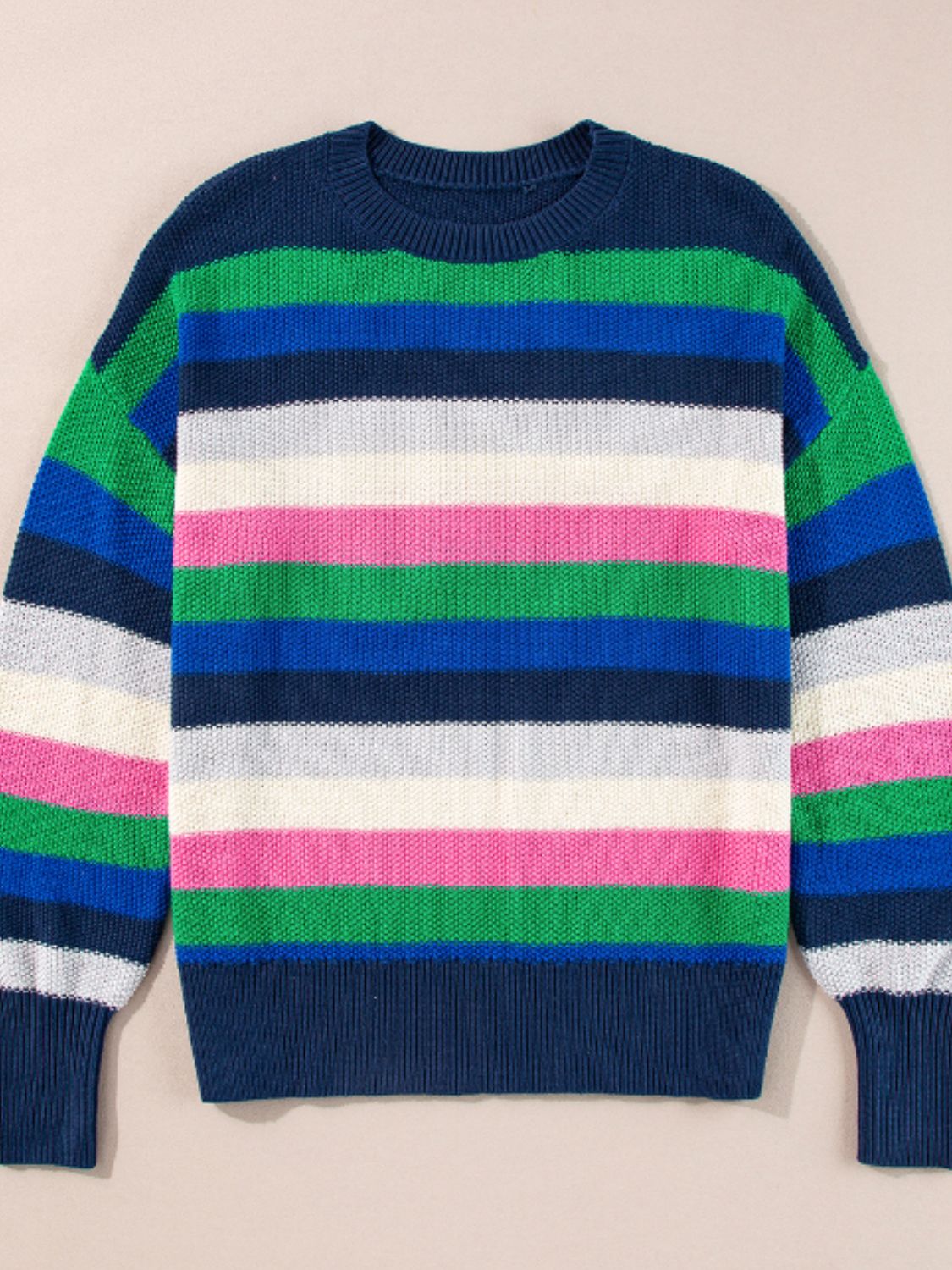 Contrast Striped Round Neck Long Sleeve Sweater - Charming Charlie