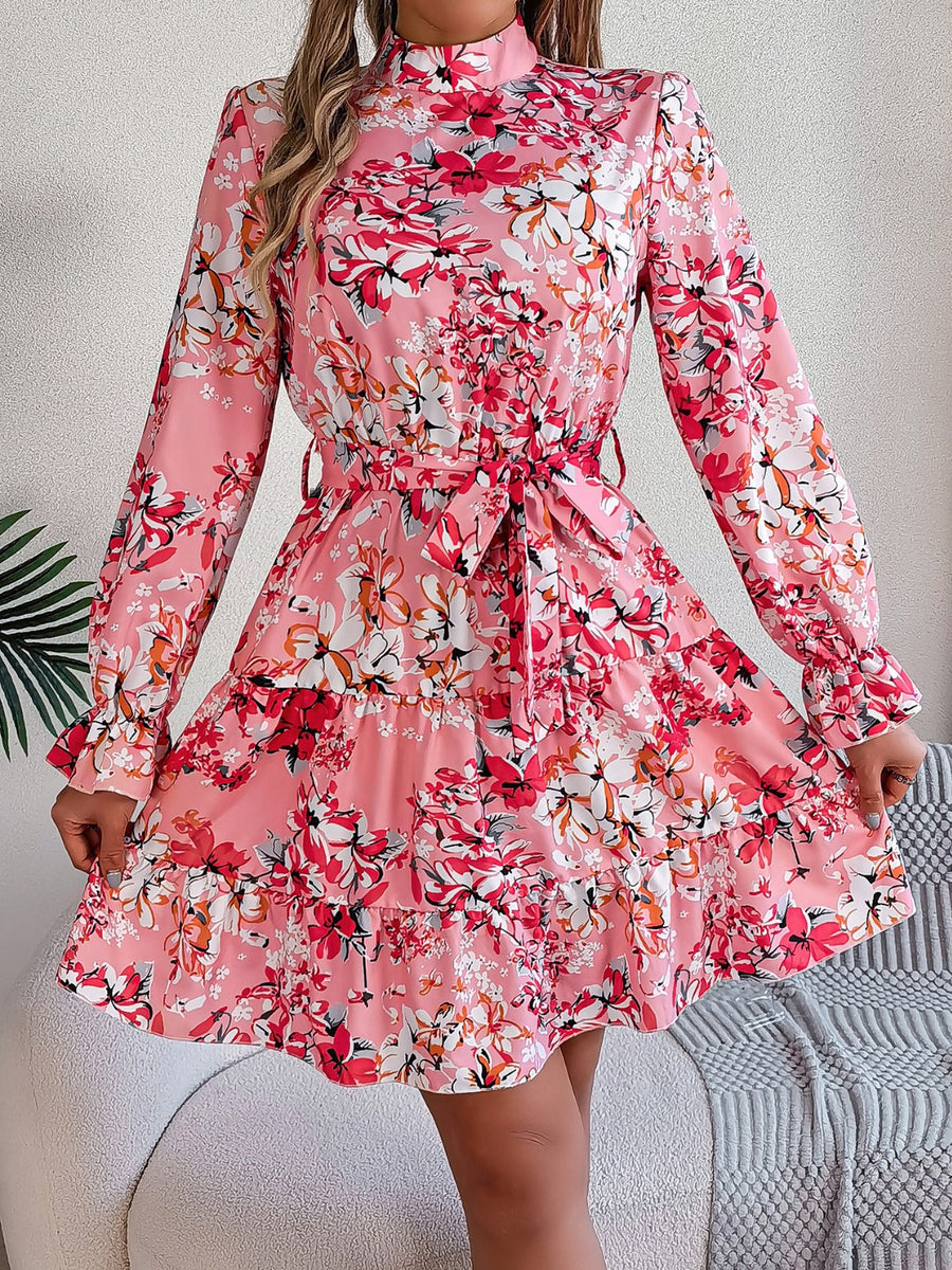 Floral Mock Neck Flounce Sleeve Dress