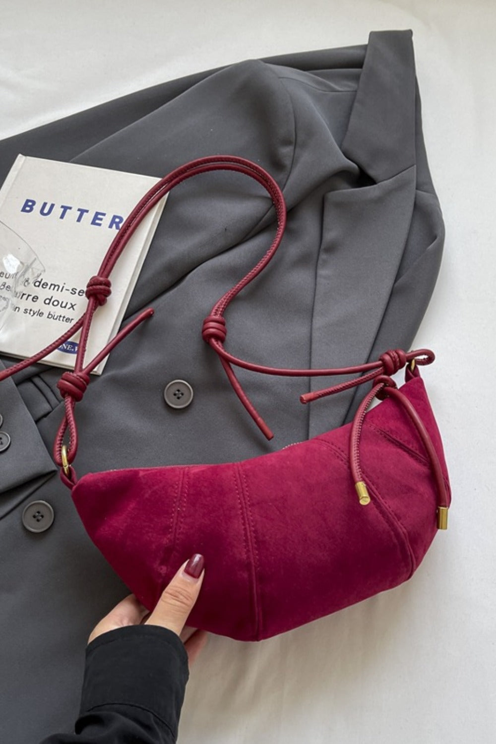 PU Leather Strap Suede Shoulder Bag - Charming Charlie