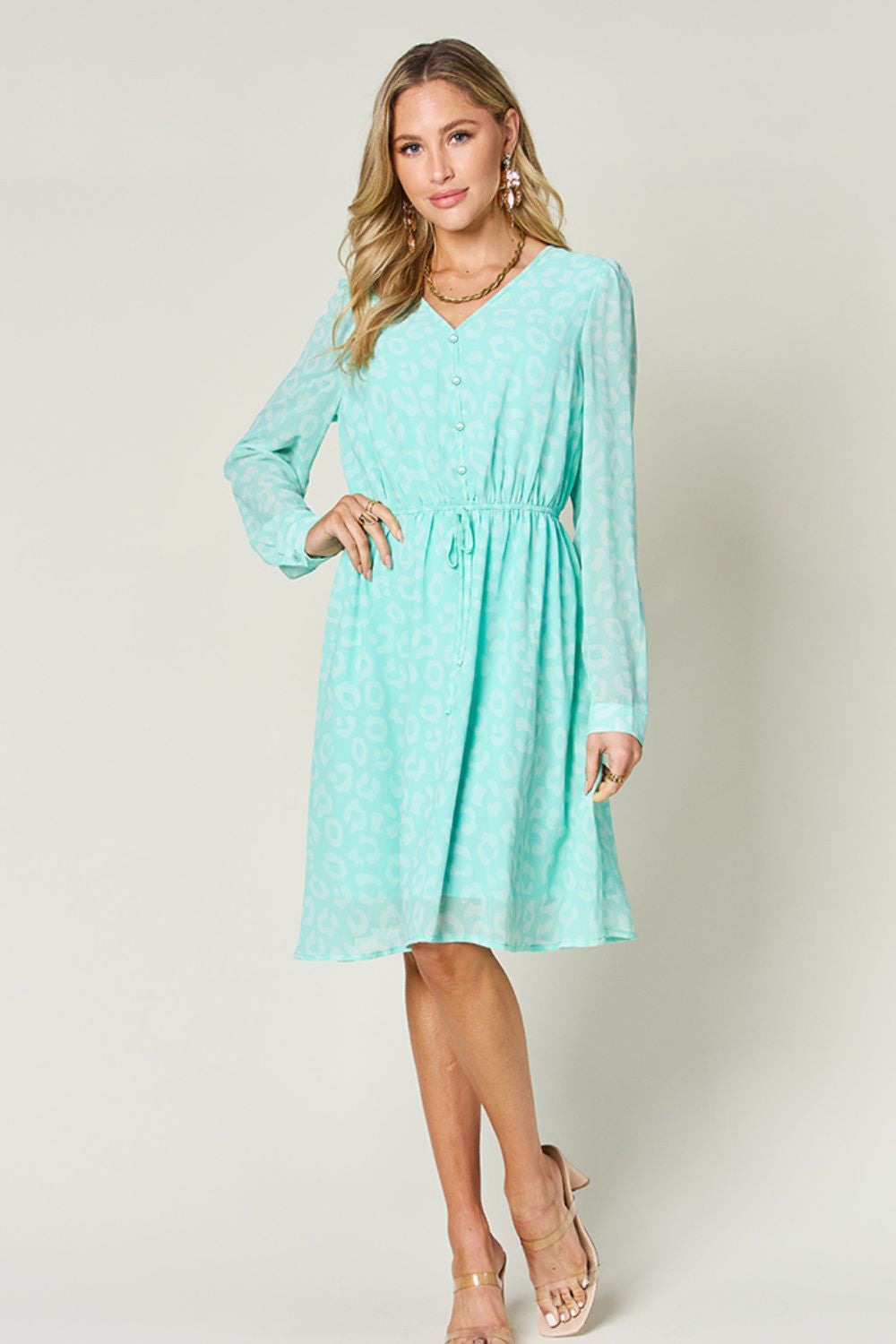 Double Take Full Size Printed Ruched V-Neck Long Sleeve Dress - Charming Charlie