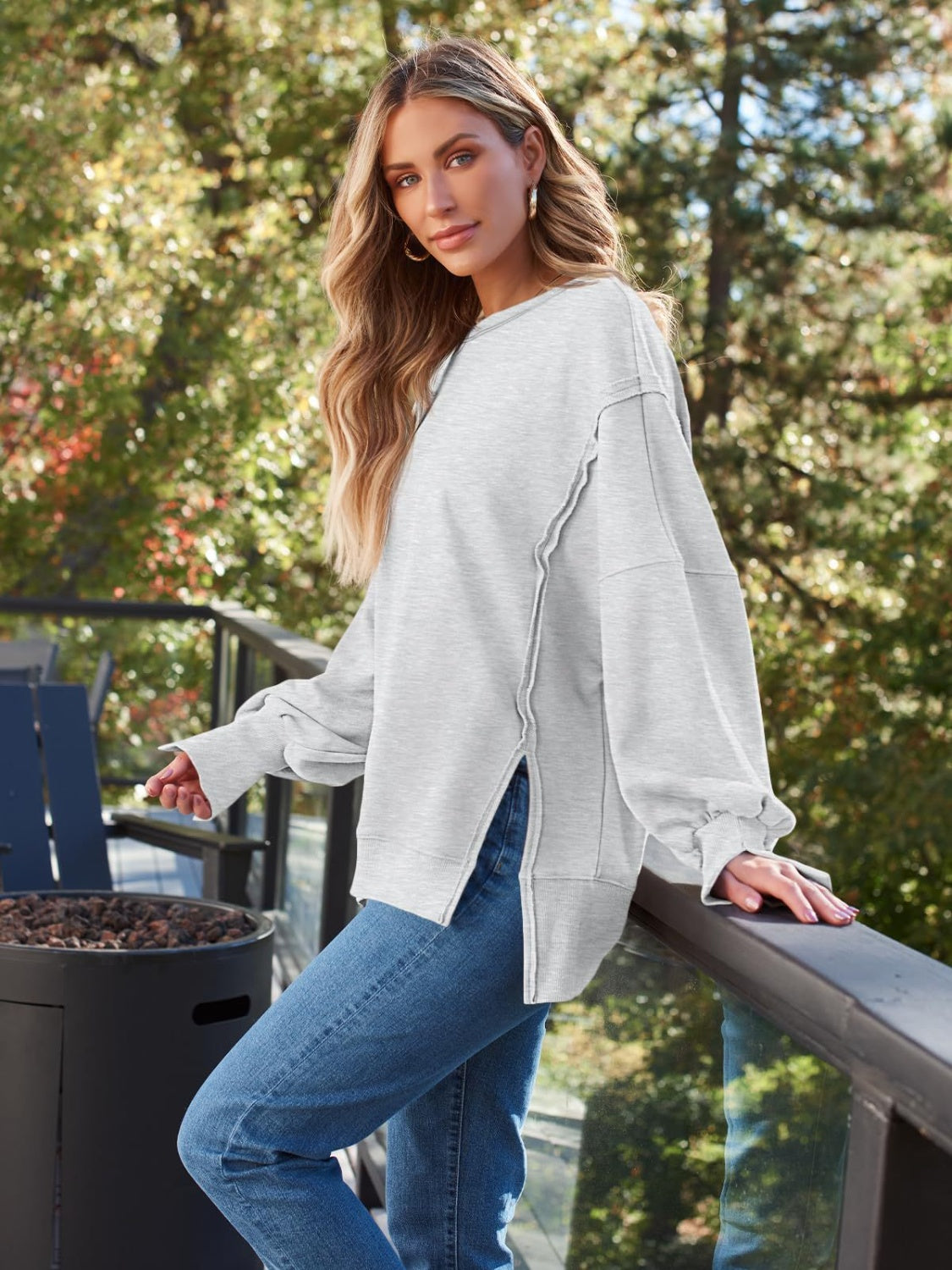Slit Round Neck Long Sleeve Sweatshirt - Charming Charlie