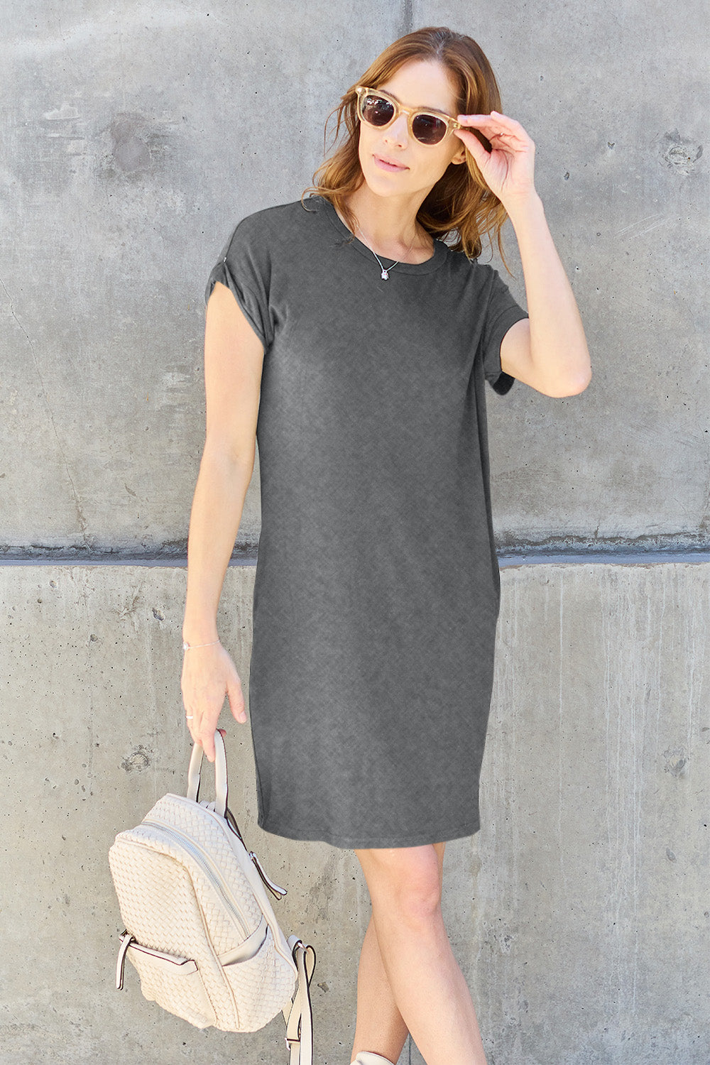 Basic Bae Full Size Round Neck Short Sleeve Dress with Pockets - Charming Charlie