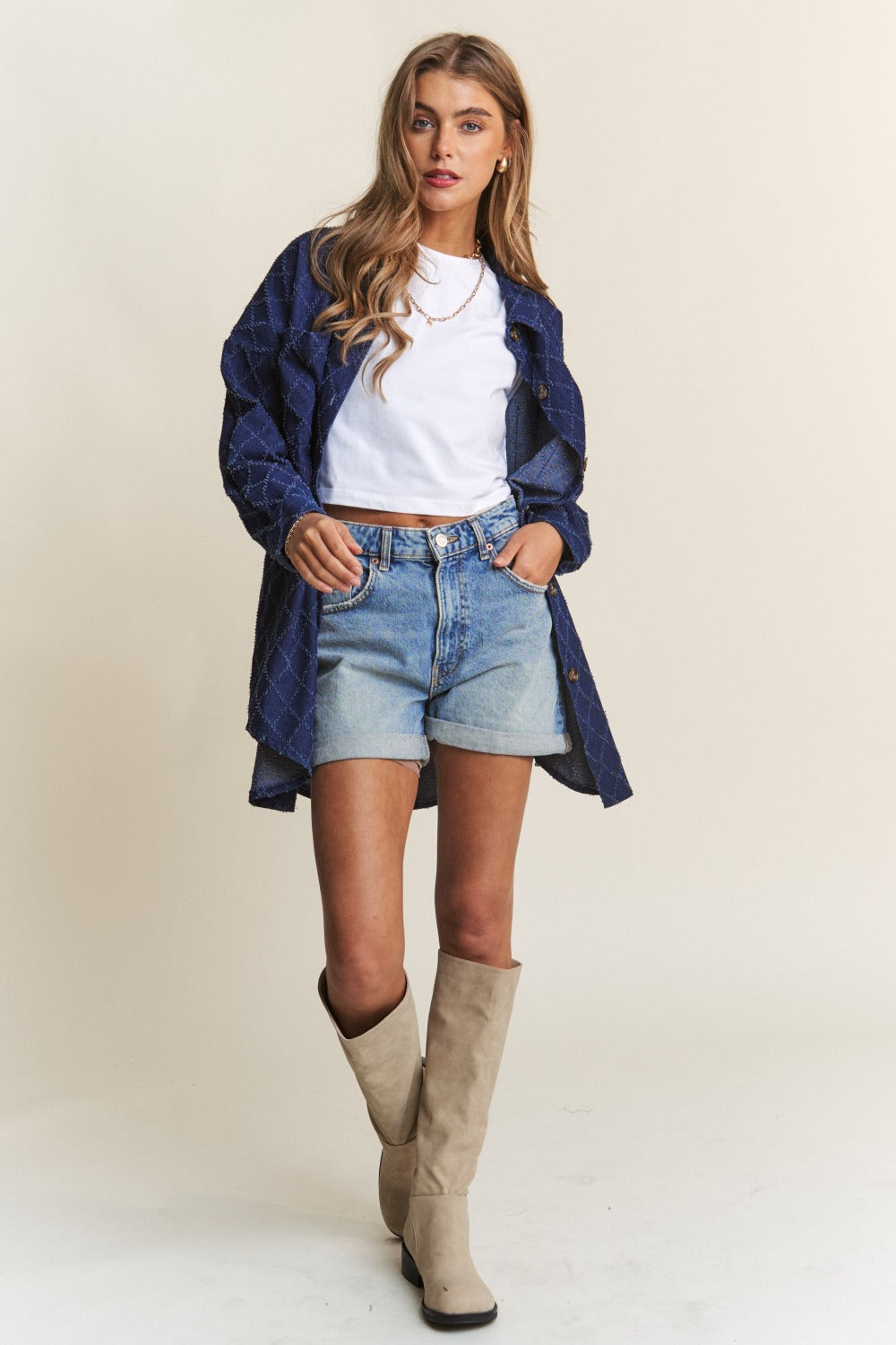 J.NNA Rhombus Stitched Button Up Denim Shacket - Charming Charlie