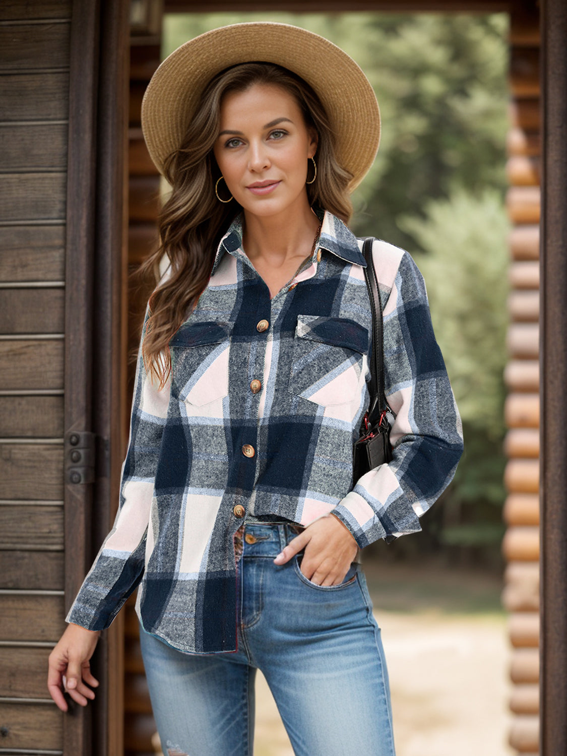 Full Size Pocketed Plaid Collared Neck Shacket - Charming Charlie