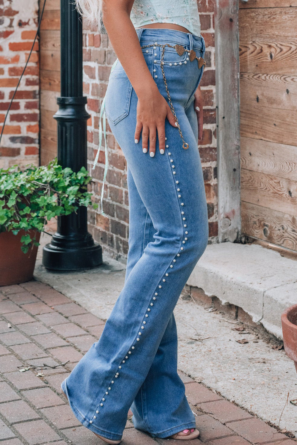 Pearl Trim High Waist Bootcut Jeans - Charming Charlie