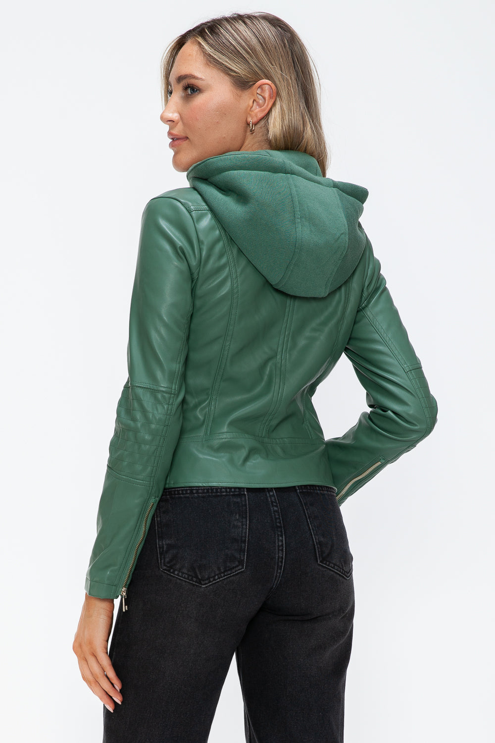 Snobbish Faux Leather Zip Up Drawstring Hooded Jacket - Charming Charlie