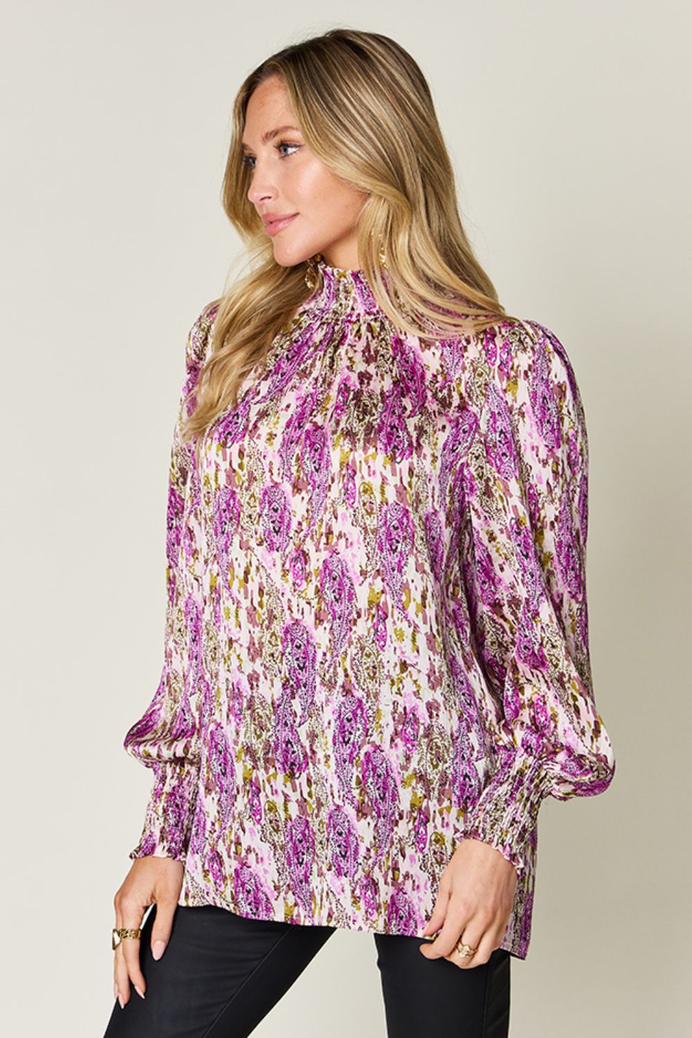 Double Take Full Size Printed Smocked Long Sleeve Blouse - Charming Charlie