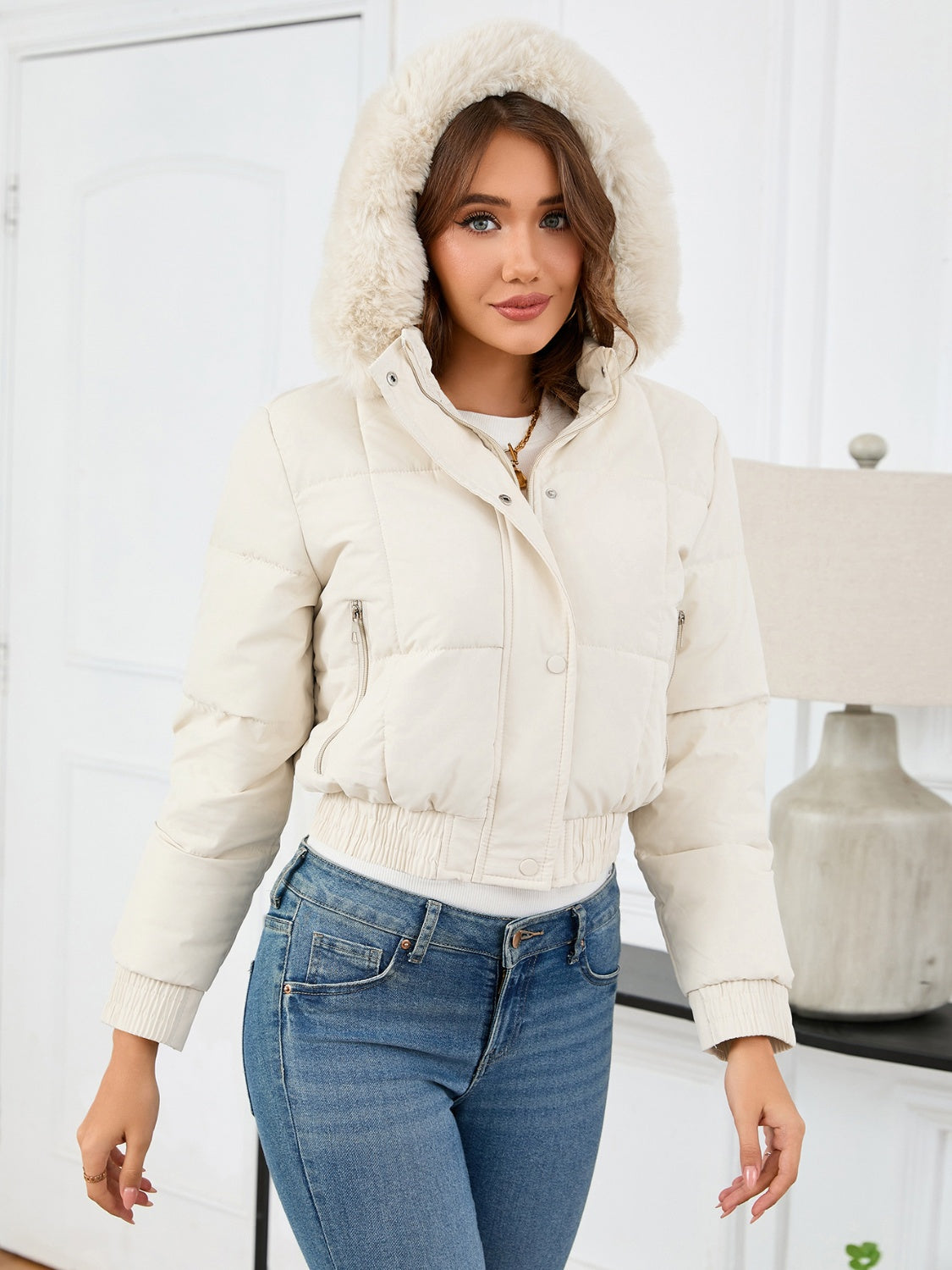 Pocketed Long Sleeve Cropped Hooded Winter Coat - Charming Charlie