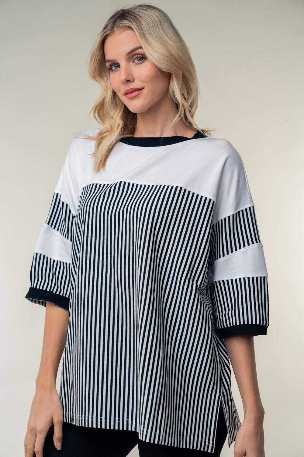 White Birch Full Size Striped Contrast Round Neck Top - Charming Charlie