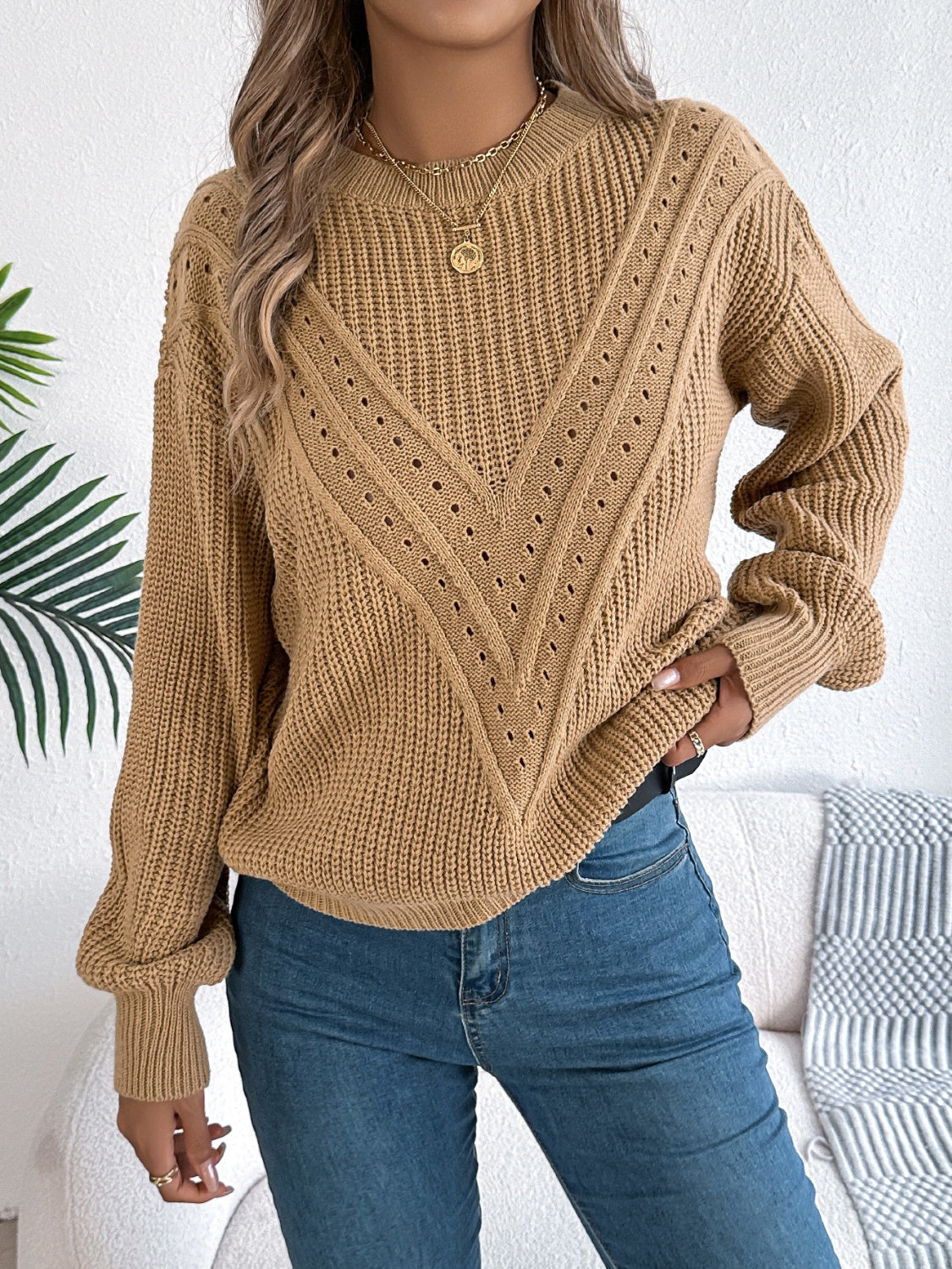 Openwork Round Neck Long Sleeve Sweater - Charming Charlie