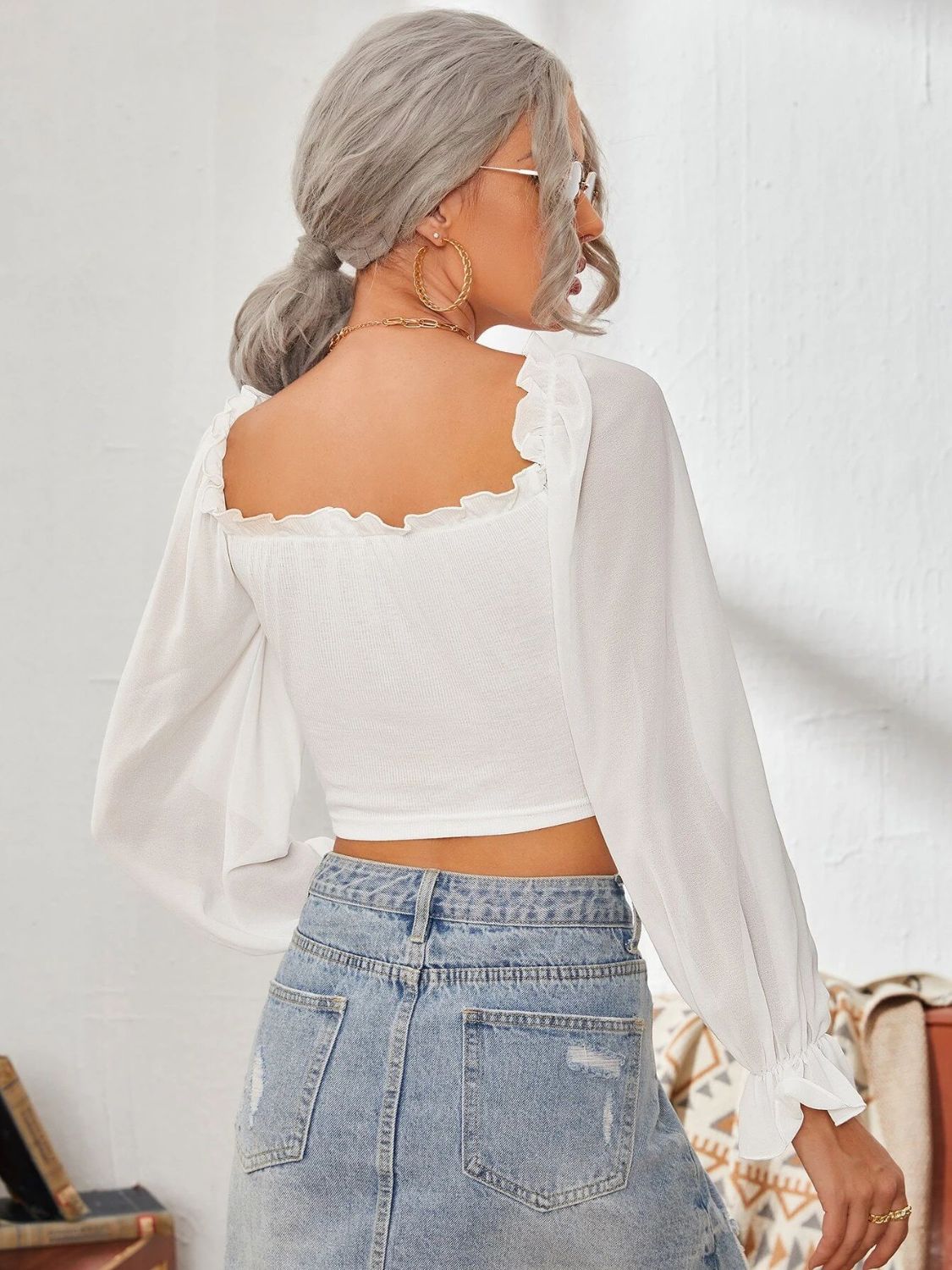 Mesh Sweetheart Neck Flounce Sleeve Top - Charming Charlie