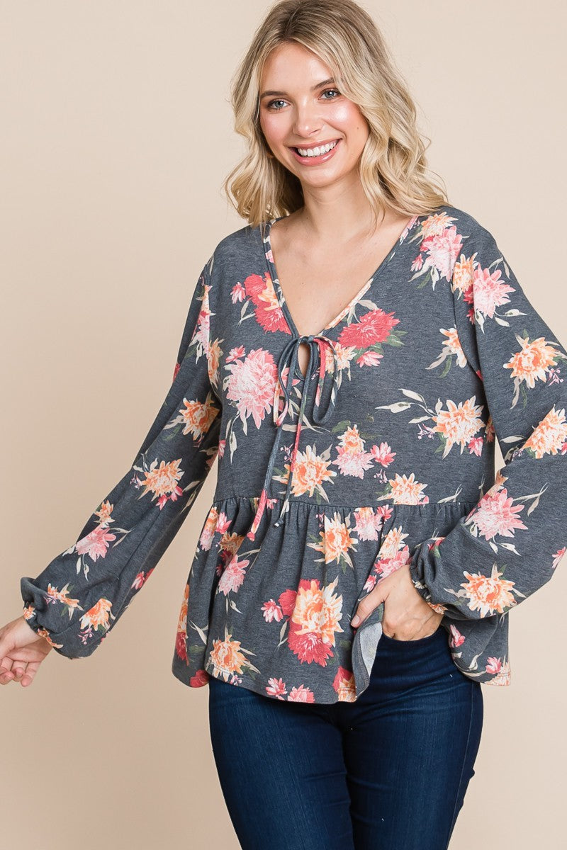 Super Lady Full Size Babydoll Floral Long Sleeve Blouse - Charming Charlie