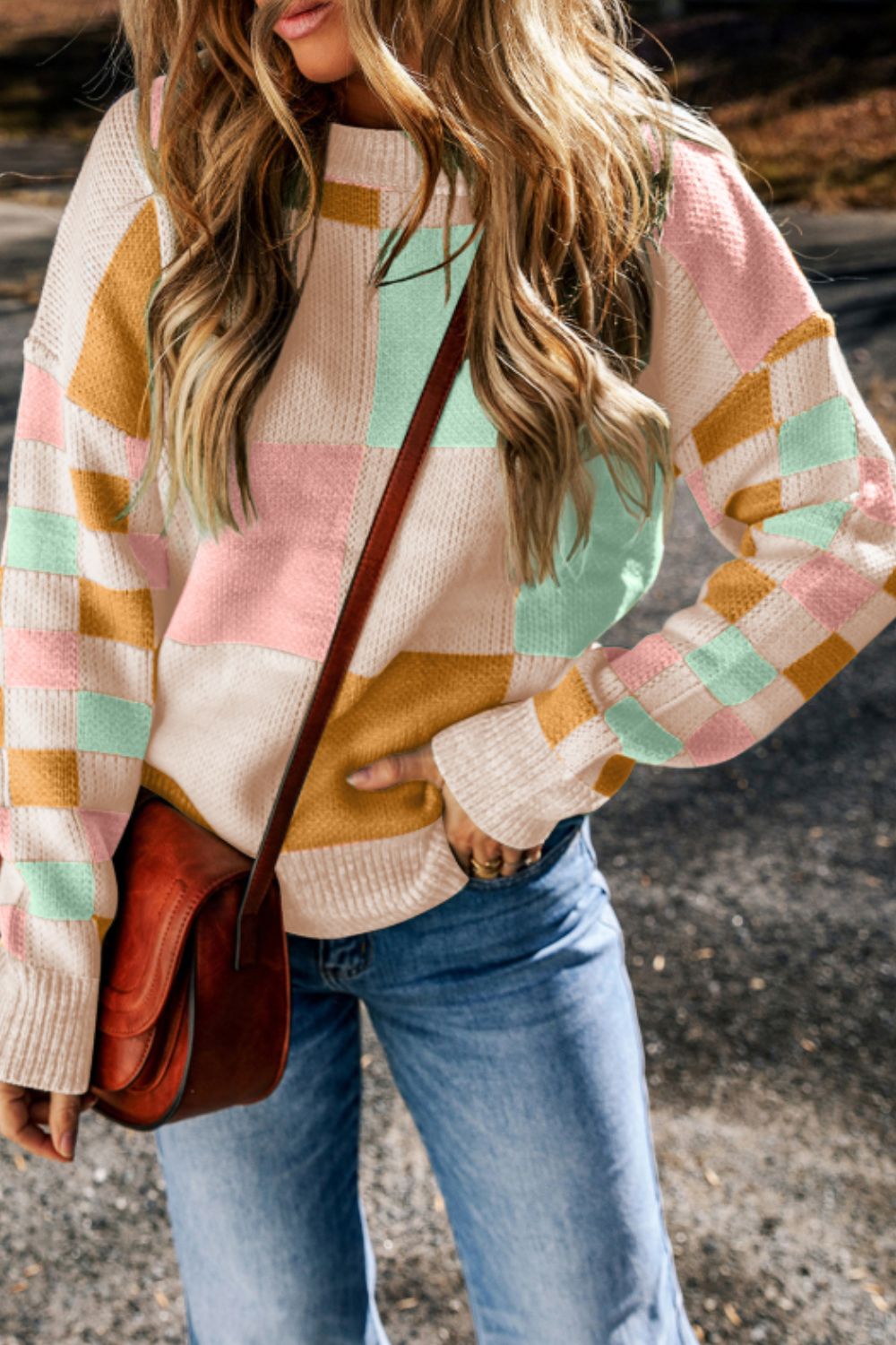 Checkered Round Neck Drop Shoulder Sweater - Charming Charlie