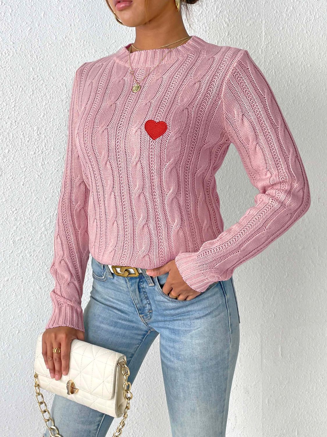 Cable-Knit Heart Round Neck Long Sleeve Sweater - Charming Charlie