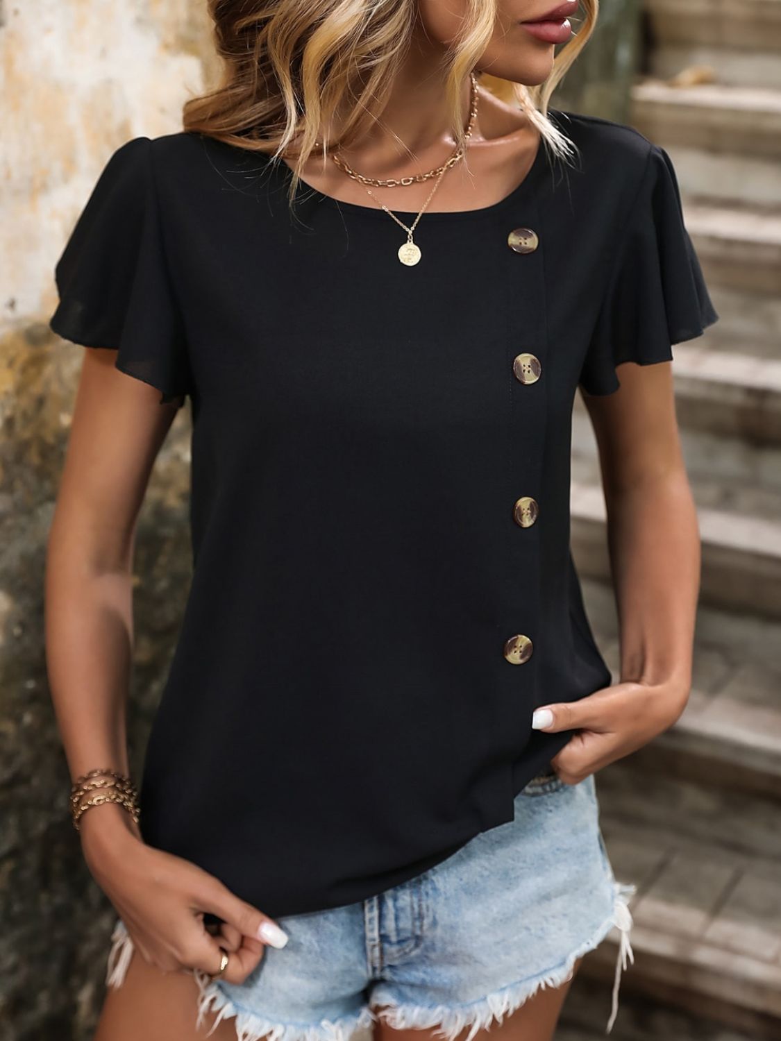 Decorative Button Round Neck Short Sleeve Blouse - Charming Charlie