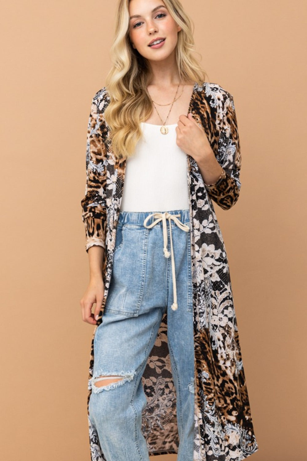 And The Why Leopard Kimono Open Front Longline Cardigan - Charming Charlie