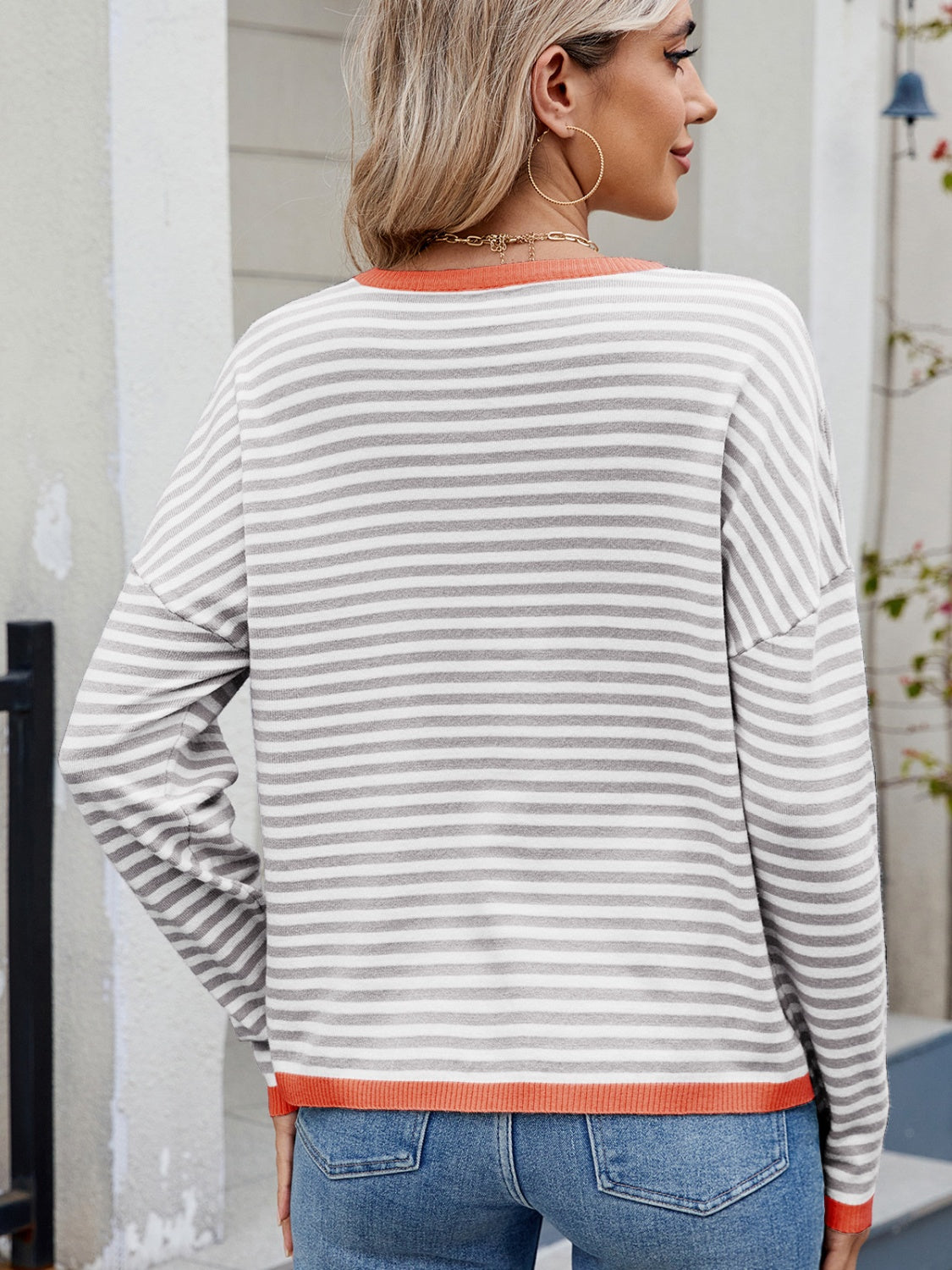Striped Contrast Round Neck Long Sleeve Sweater - Charming Charlie