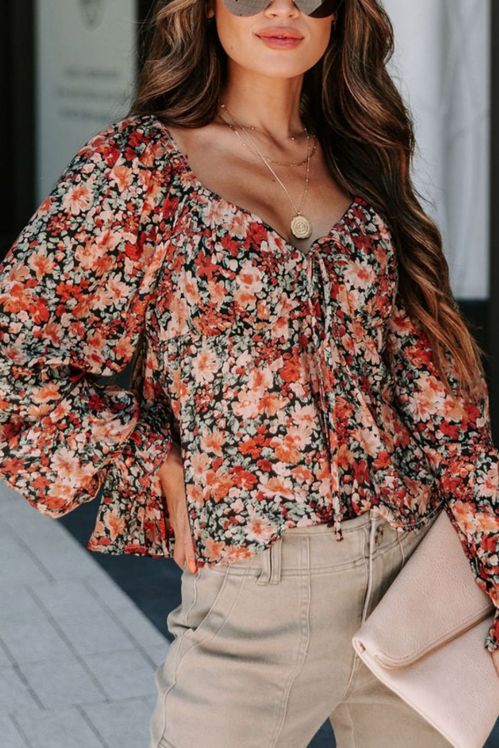 Peplum Tied Flora Long Sleeve Blouse - Charming Charlie