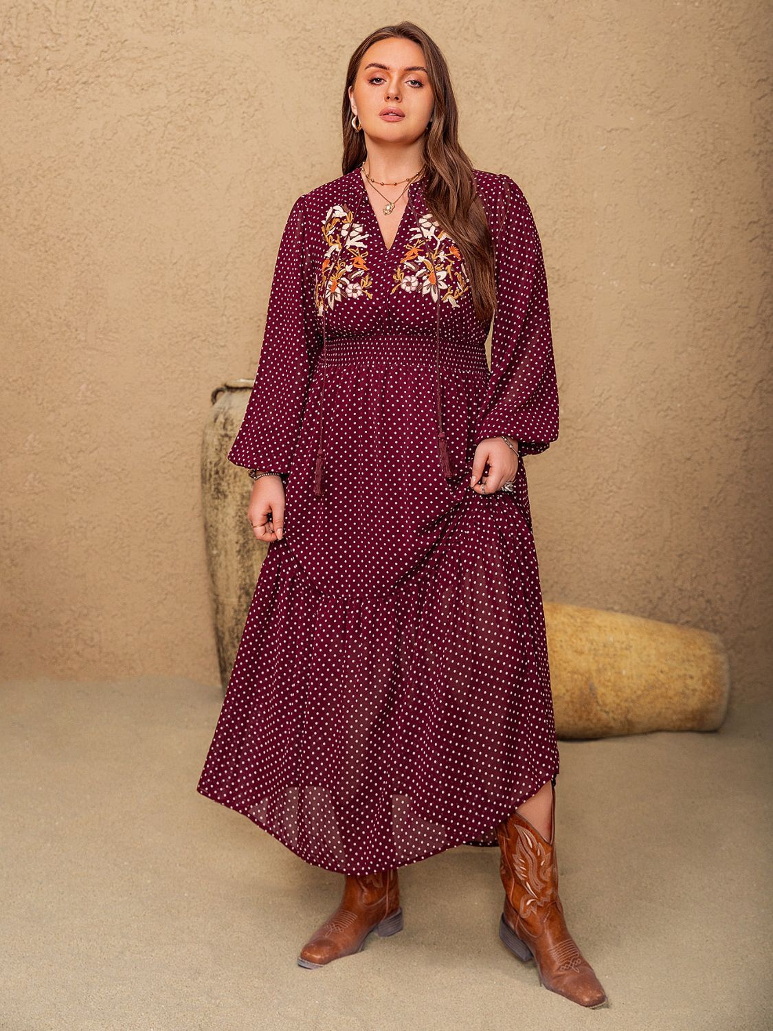 Plus Size Embroidered Polka Dot Tie Neck Long Sleeve Midi Dress - Charming Charlie