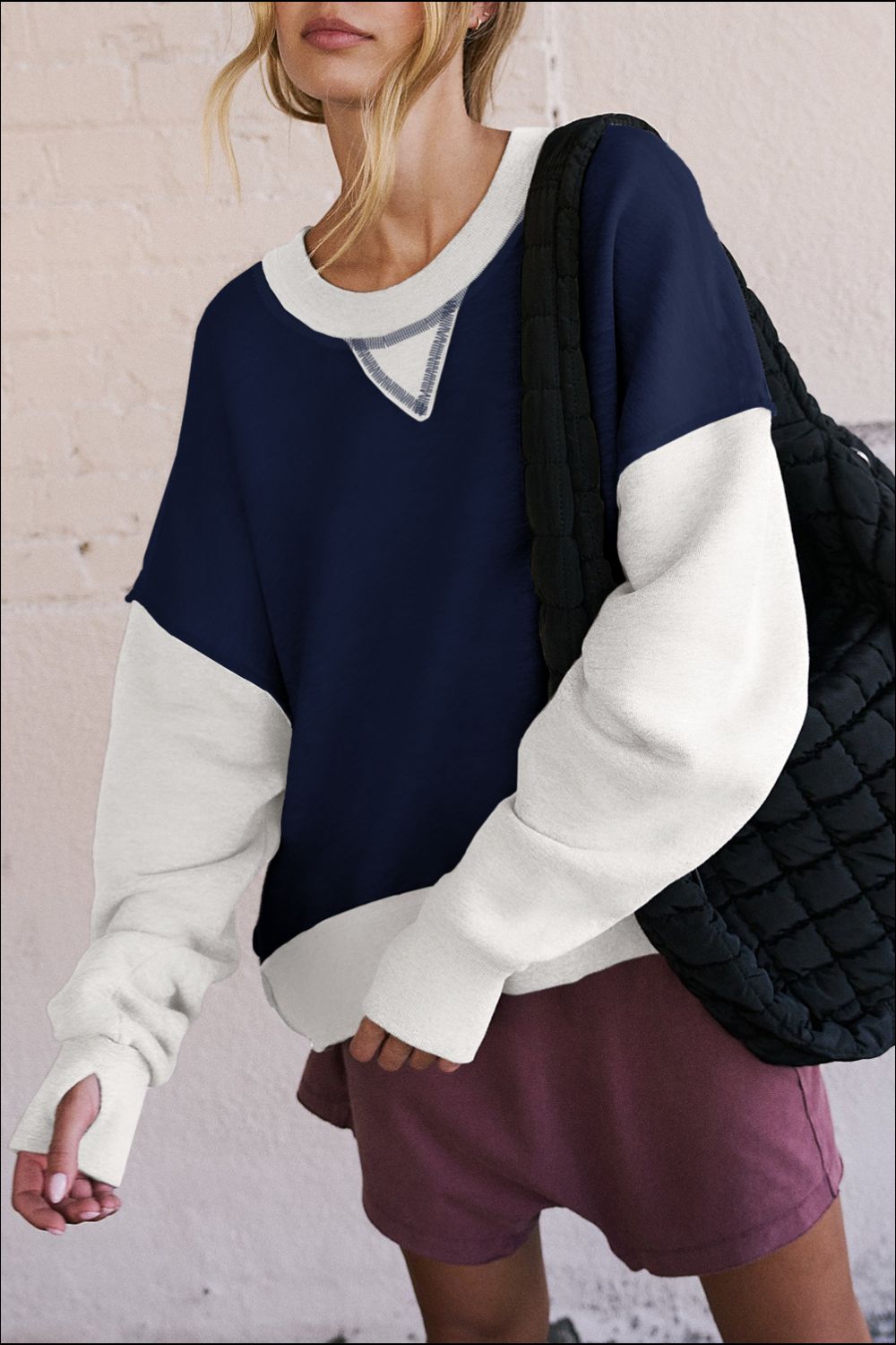 Color Block Round Neck Long Sleeve Sweatshirt - Charming Charlie