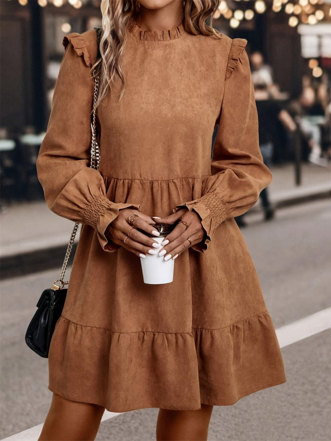 Frill Round Neck Long Sleeve Mini Dress - Charming Charlie