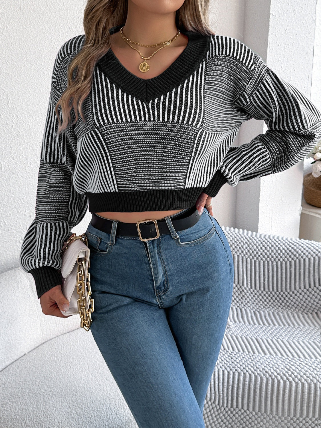 Striped V-Neck Long Sleeve Sweater - Charming Charlie