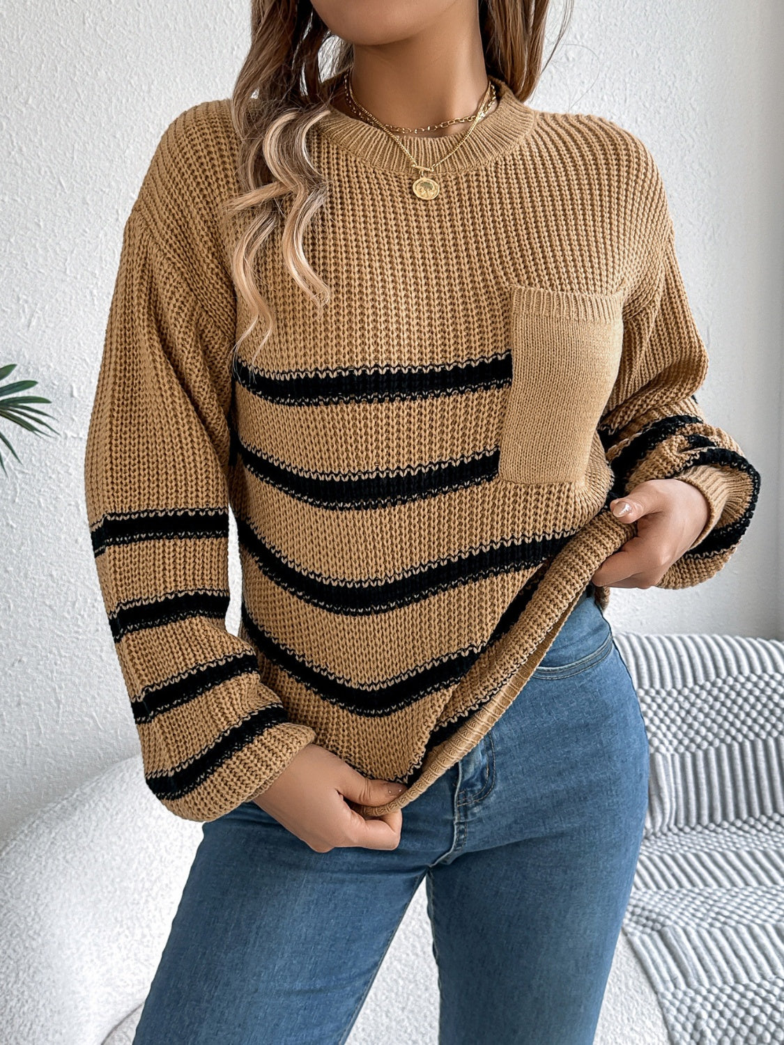 Striped Round Neck Long Sleeve Sweater - Charming Charlie