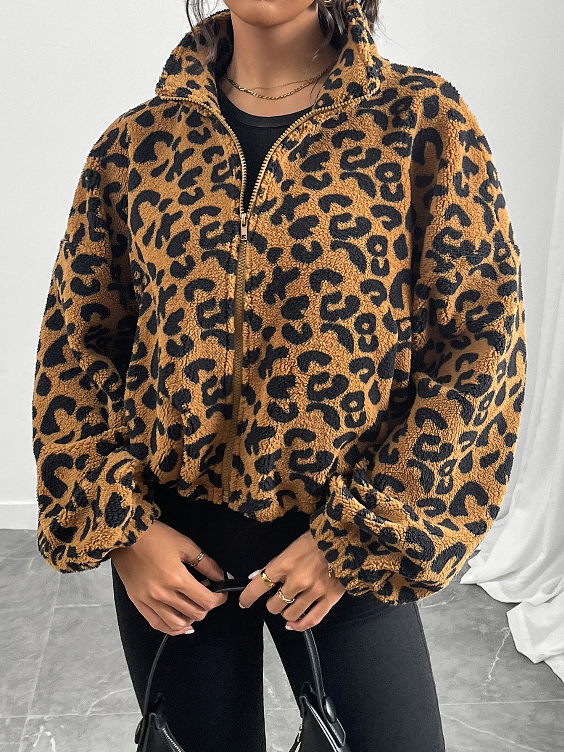 Leopard Zip Up Long Sleeve Jacket - Charming Charlie