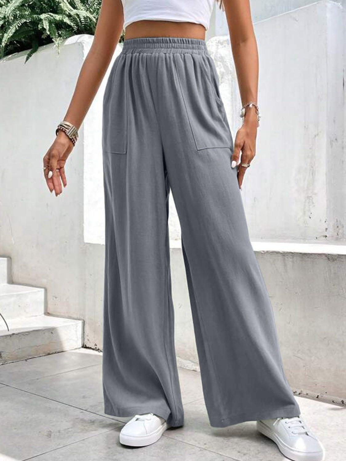 High Waist Wide Leg Pants with Pockets - Charming Charlie