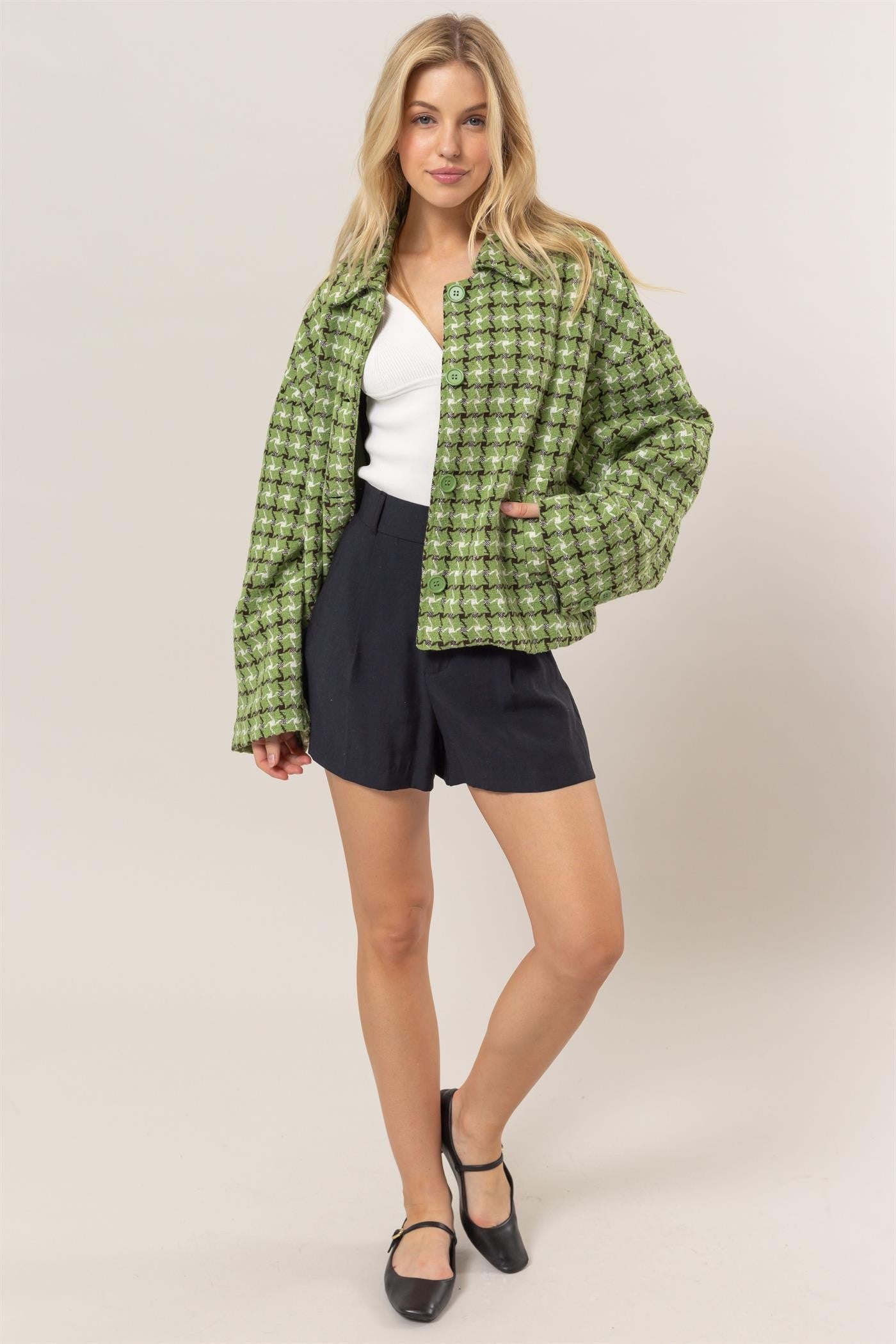 HYFVE Tweed Plaid Button Up Collared Neck Jacket - Charming Charlie