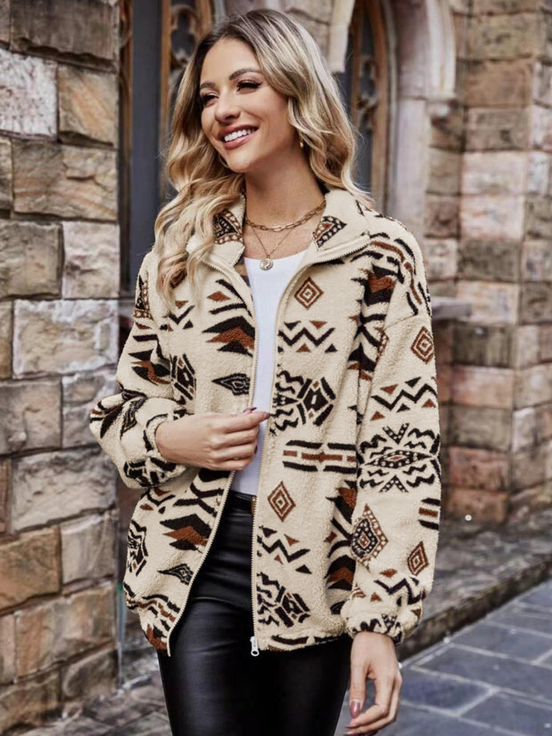 Geometric Zip Up Long Sleeve Outerwear - Charming Charlie