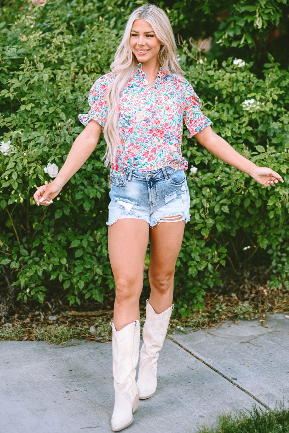 Printed Notched Short Sleeve Blouse - Charming Charlie