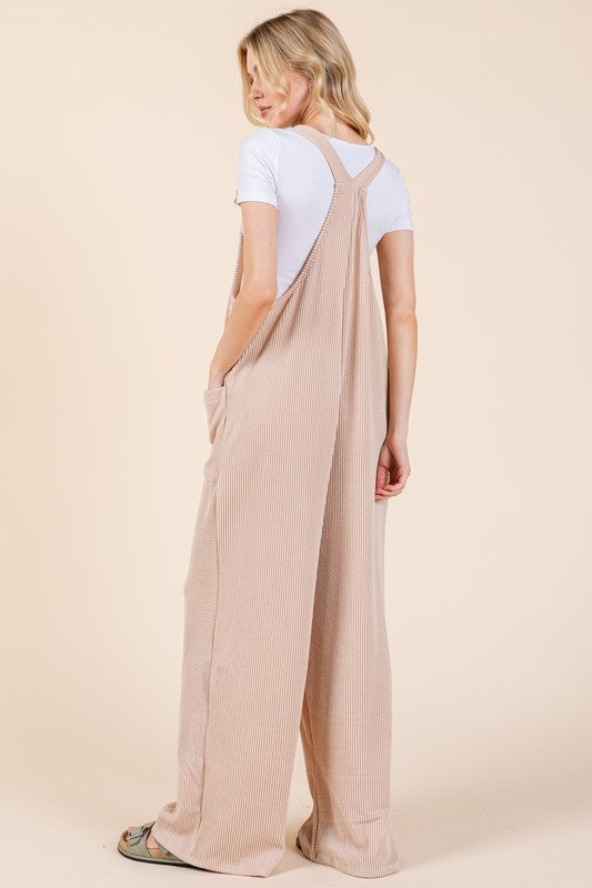 BOMBOM Knot Straps Wide Leg Ribbed Overalls with Pockets - Charming Charlie