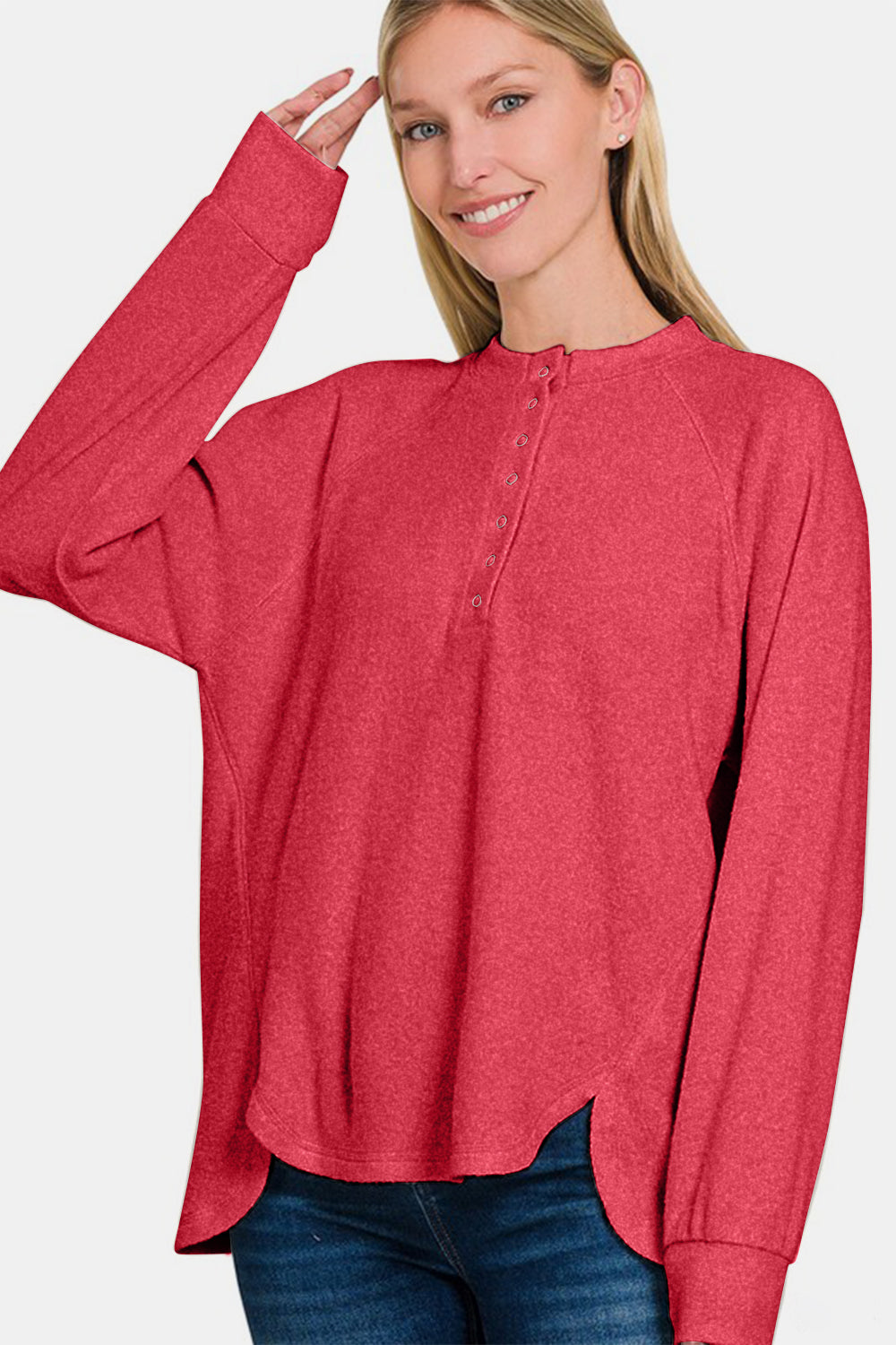 Zenana Full Size Brushed Melange Hacci High-Low Sweater - Charming Charlie