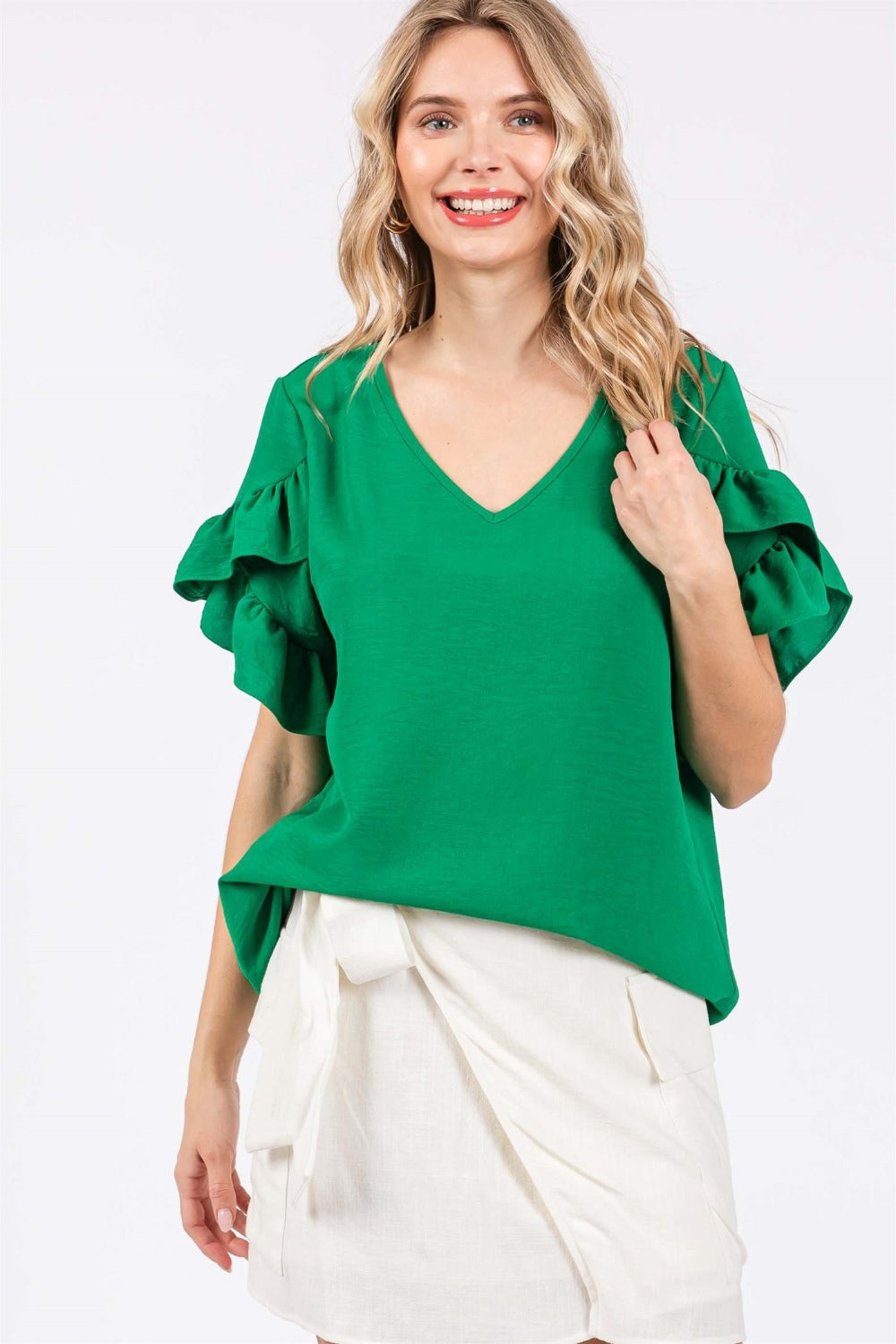 GeeGee Ruffled Short Sleeve V-Neck Blouse - Charming Charlie