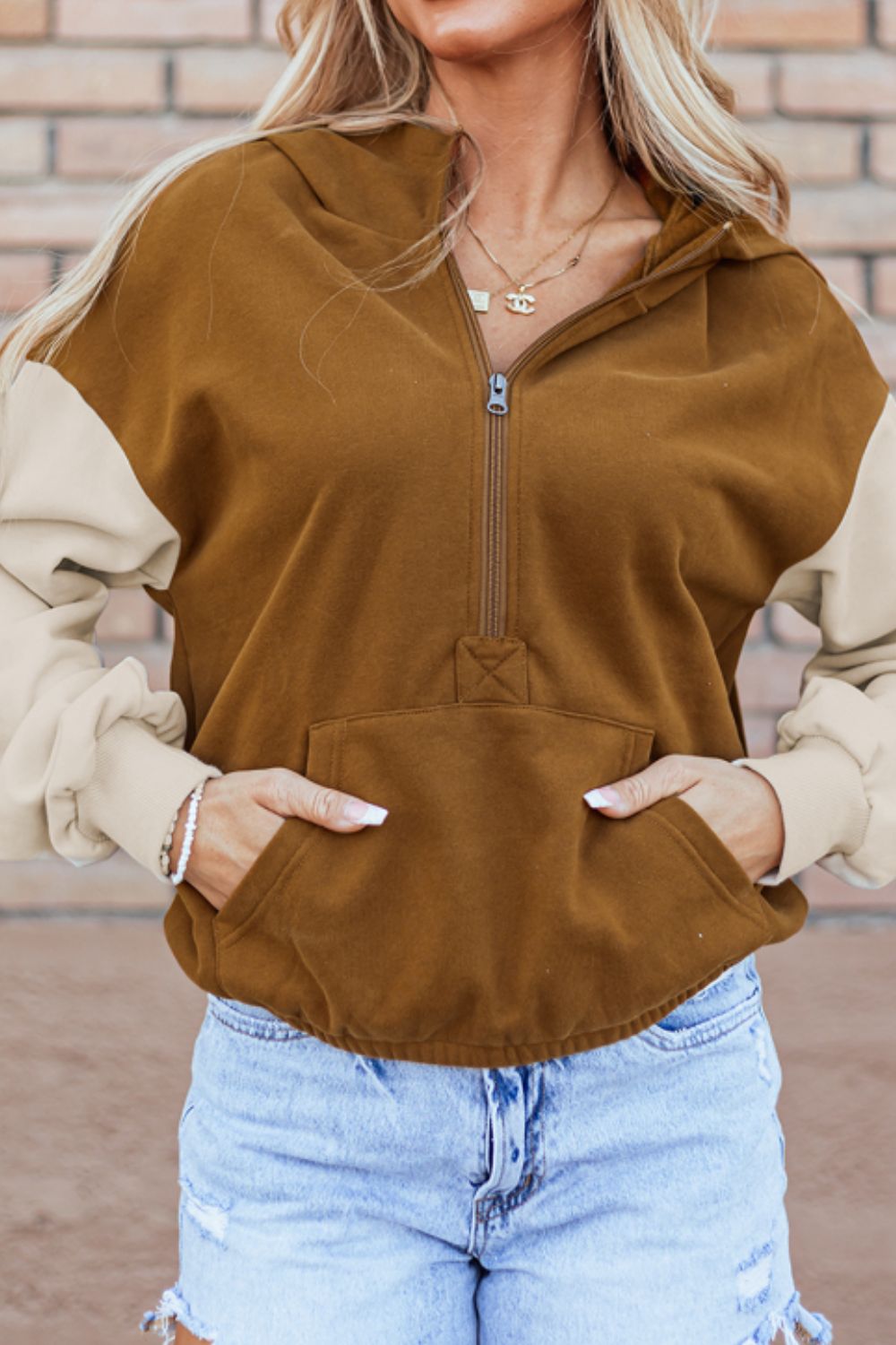 Contrast Half Zip Long Sleeve Hoodie - Charming Charlie