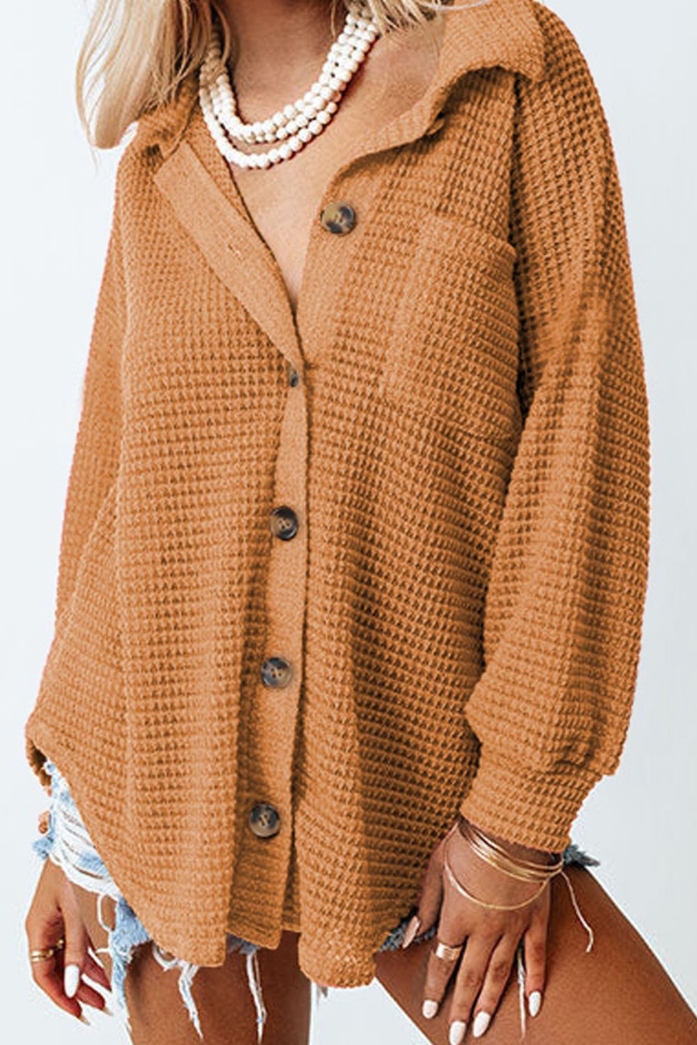 Waffle-Knit Collared Neck Long Sleeve Shirt - Charming Charlie
