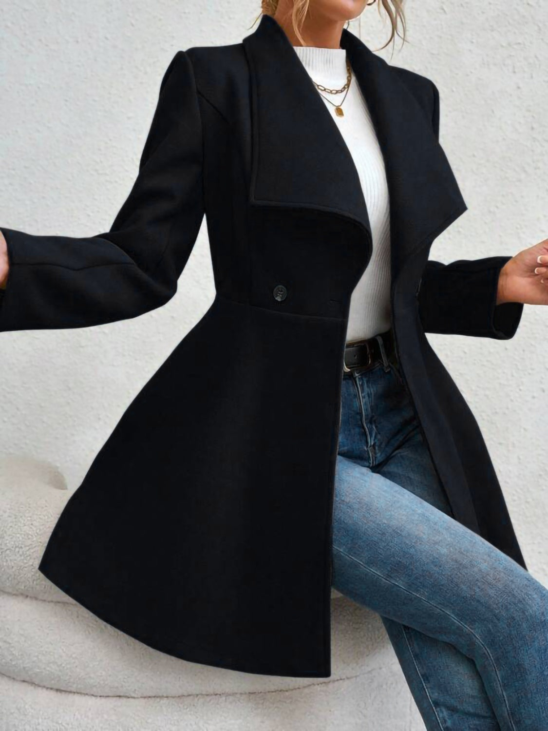 Collared Neck Button Up Long Sleeve Coat - Charming Charlie