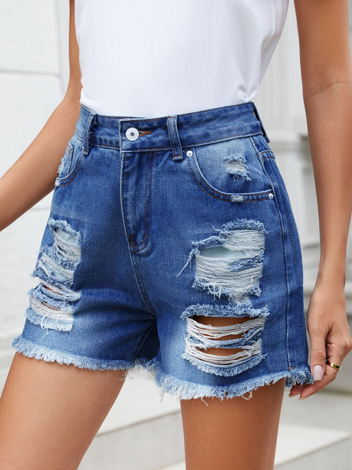 Distressed Raw Hem Denim Shorts - Charming Charlie