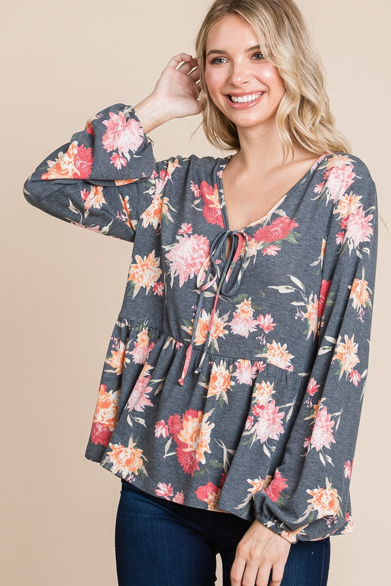 Super Lady Full Size Babydoll Floral Long Sleeve Blouse - Charming Charlie