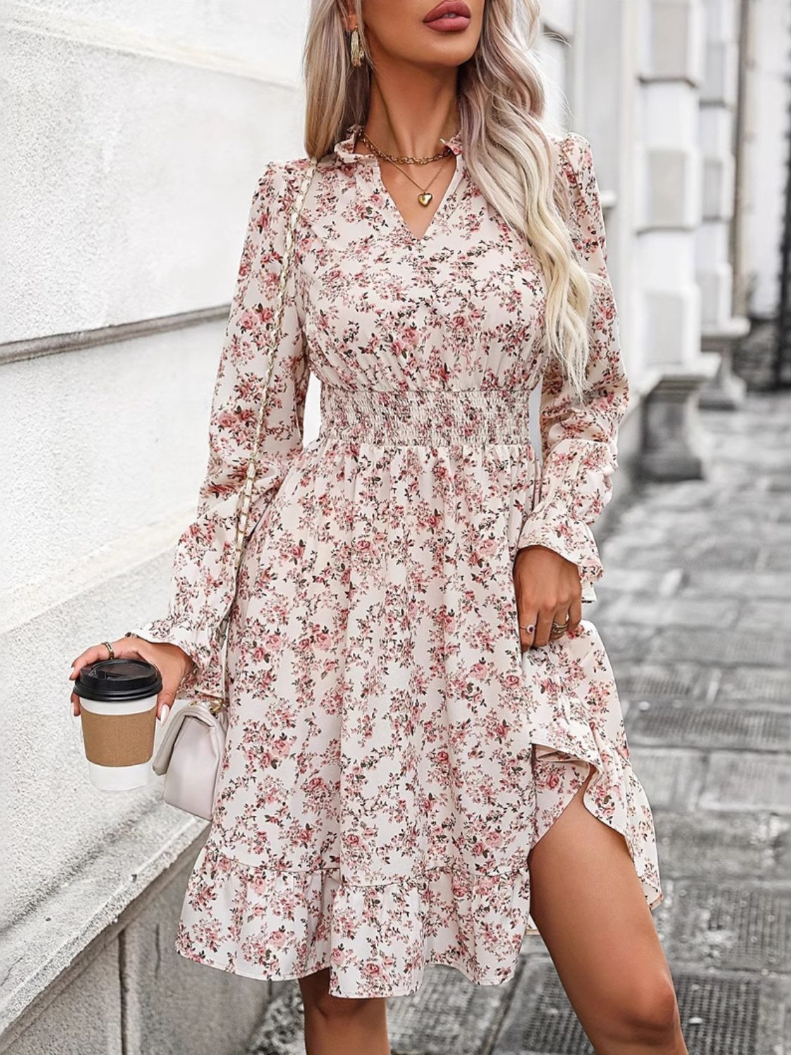 Ruffle Hem Floral Surplice Long Sleeve Dress - Charming Charlie