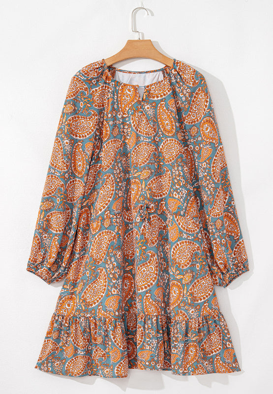 Ruffle Hem Printed Long Sleeve Dress - Charming Charlie