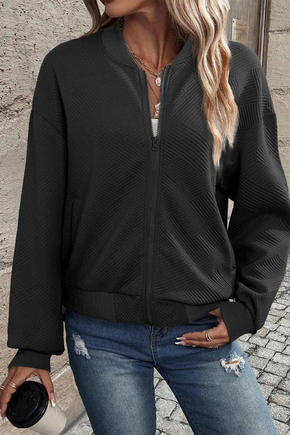 Textured Zip Up Baseball Collar Jacket - Charming Charlie