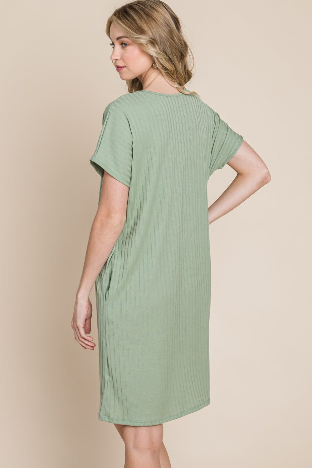 BOMBOM Ribbed Round Neck Short Sleeve Dress - Charming Charlie