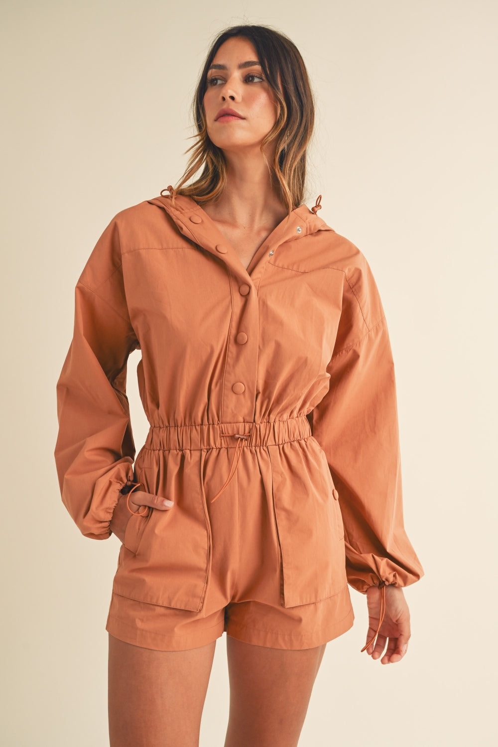Mable Snap Down Long Sleeve Hooded Romper - Charming Charlie